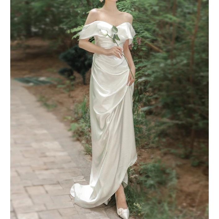 ウエディングドレス オフショルダー トレーン 白 ロングドレス 花嫁 ドレス スレンダーライン 大きいサイズ 小さいサイズ 背中開き セク